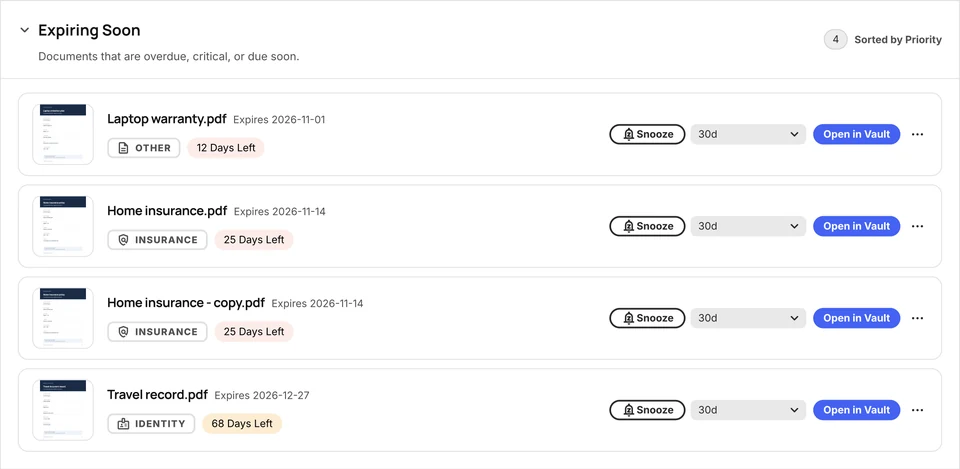 Populated Expiring Soon list with sample warranty, policy, and travel records.