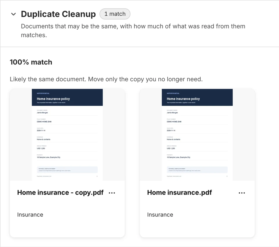 Two matching fictional home insurance documents with readable PDF thumbnails.