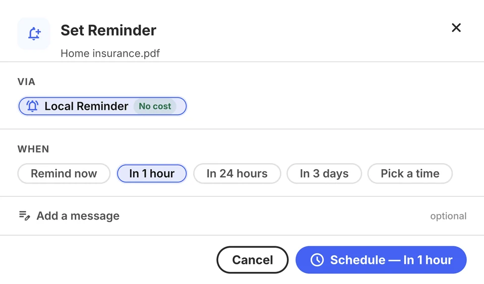 Set Reminder dialog for the sample home insurance policy with local notification and scheduling controls.