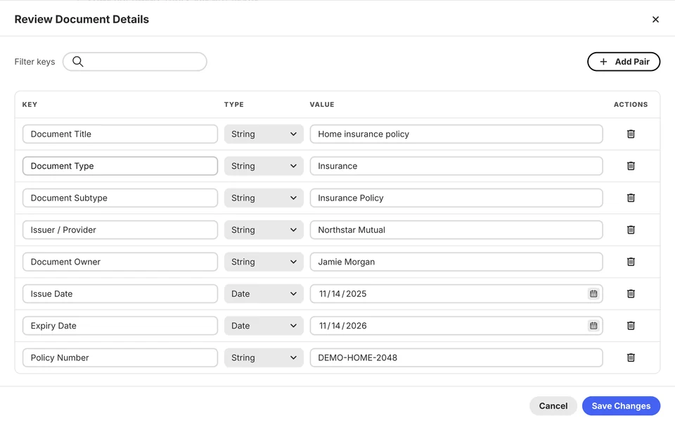 Review Document Details dialog with editable fields for the sample home insurance policy.